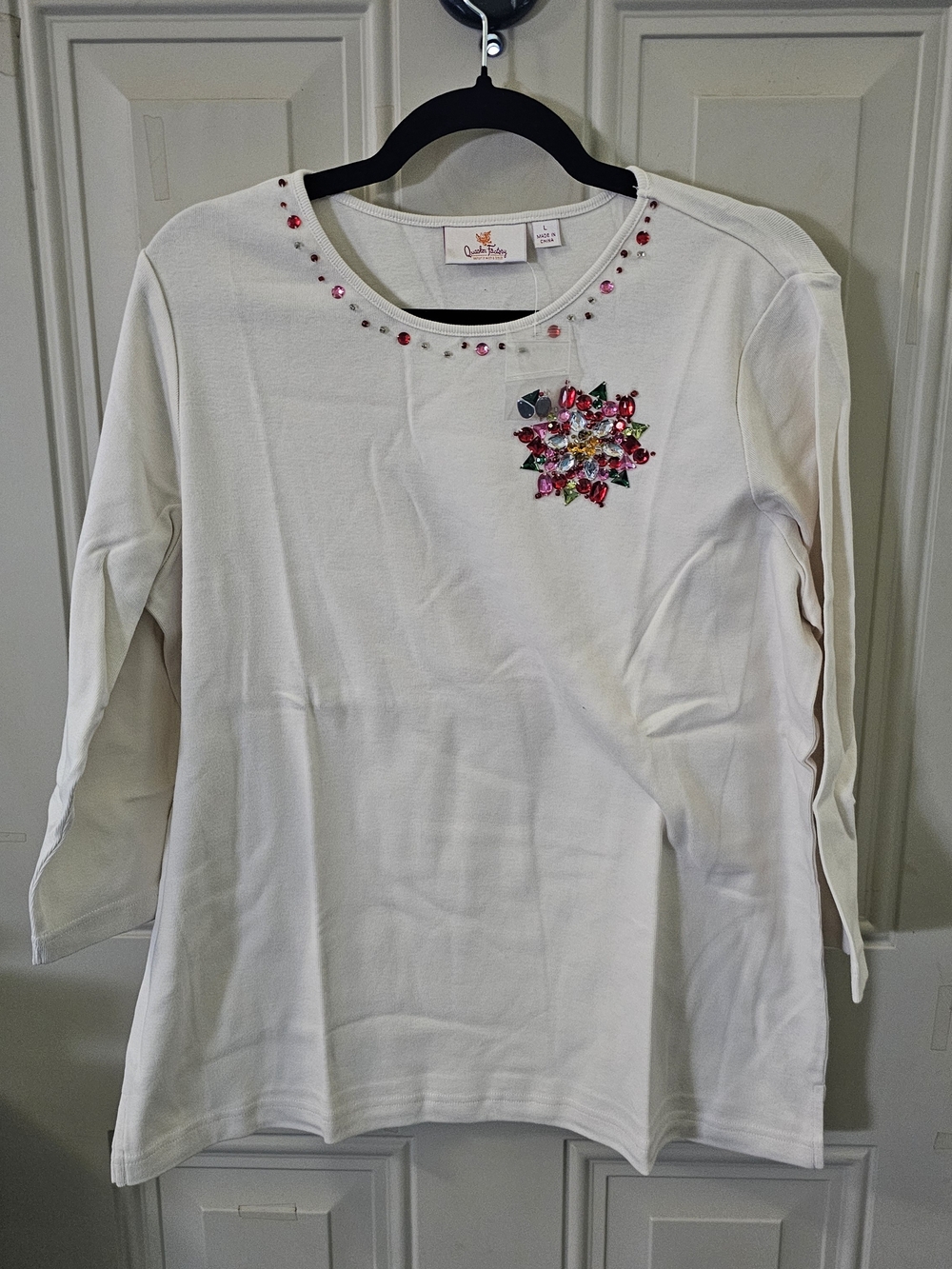 Quacker Factory Embellished Long Sleeve Top Floral Jewel Accent Christmas L NWT